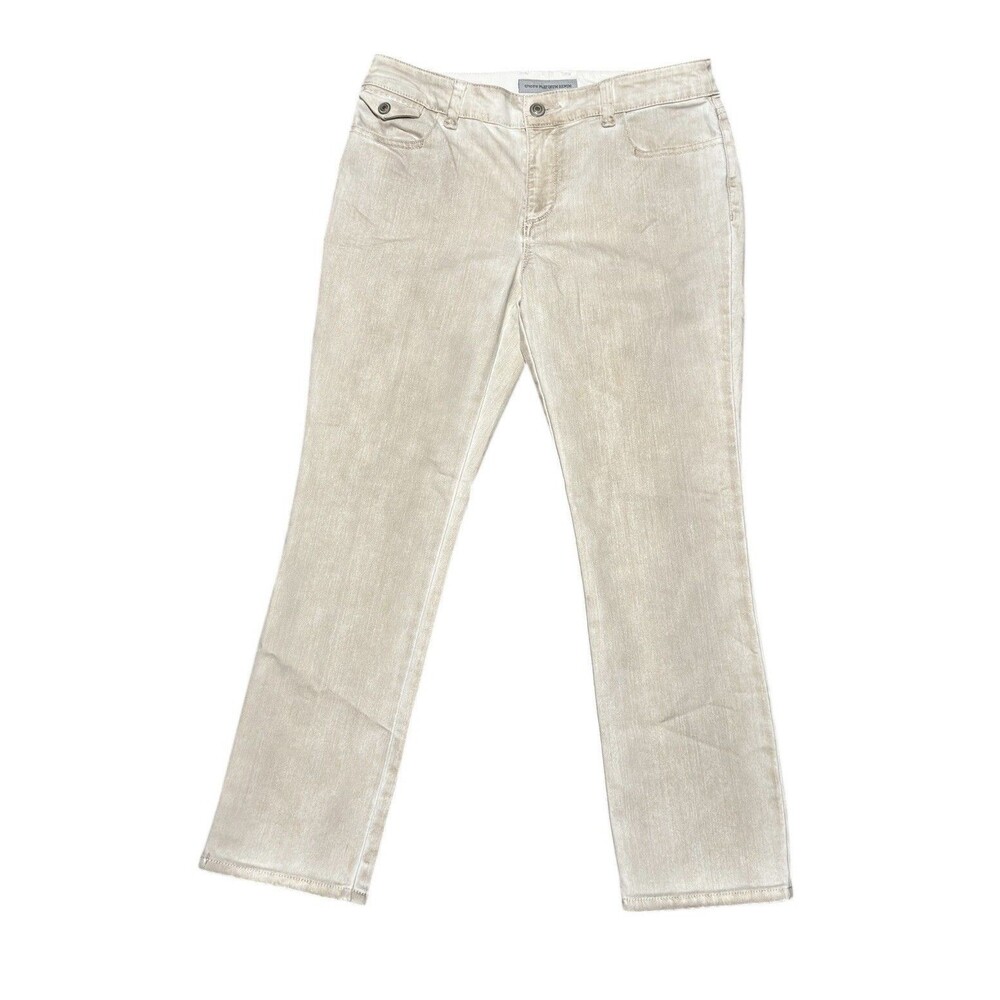 Chicos Womens 6 Platinum Denim Jeans Beige Ultimate Fit Straight Leg EUC